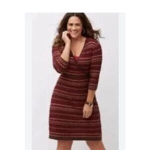 Lane Bryant Burgundy Patterned 3/4 Sleeve Dress Chevron knit.